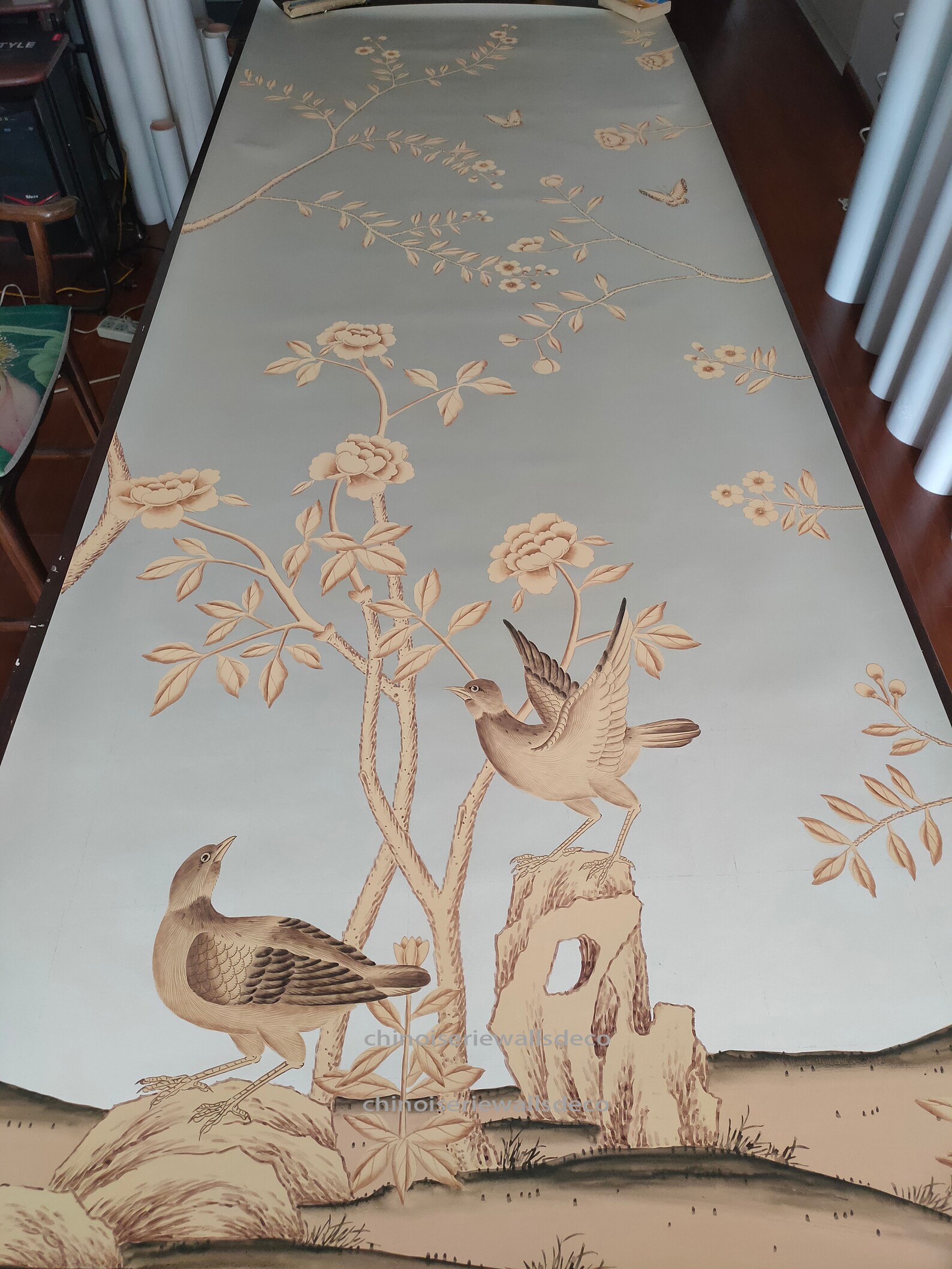Chinoiserie Handpainted Wallpaper On Silver Metallic Etsy
