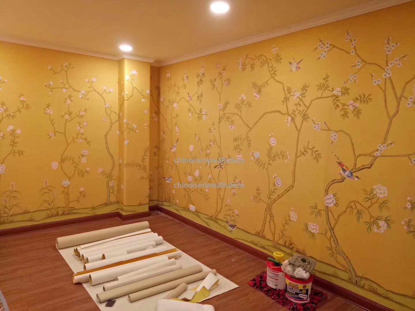 Floral Chinoiserie wallpaper Handpainted Wallpaper On yellow Etsy