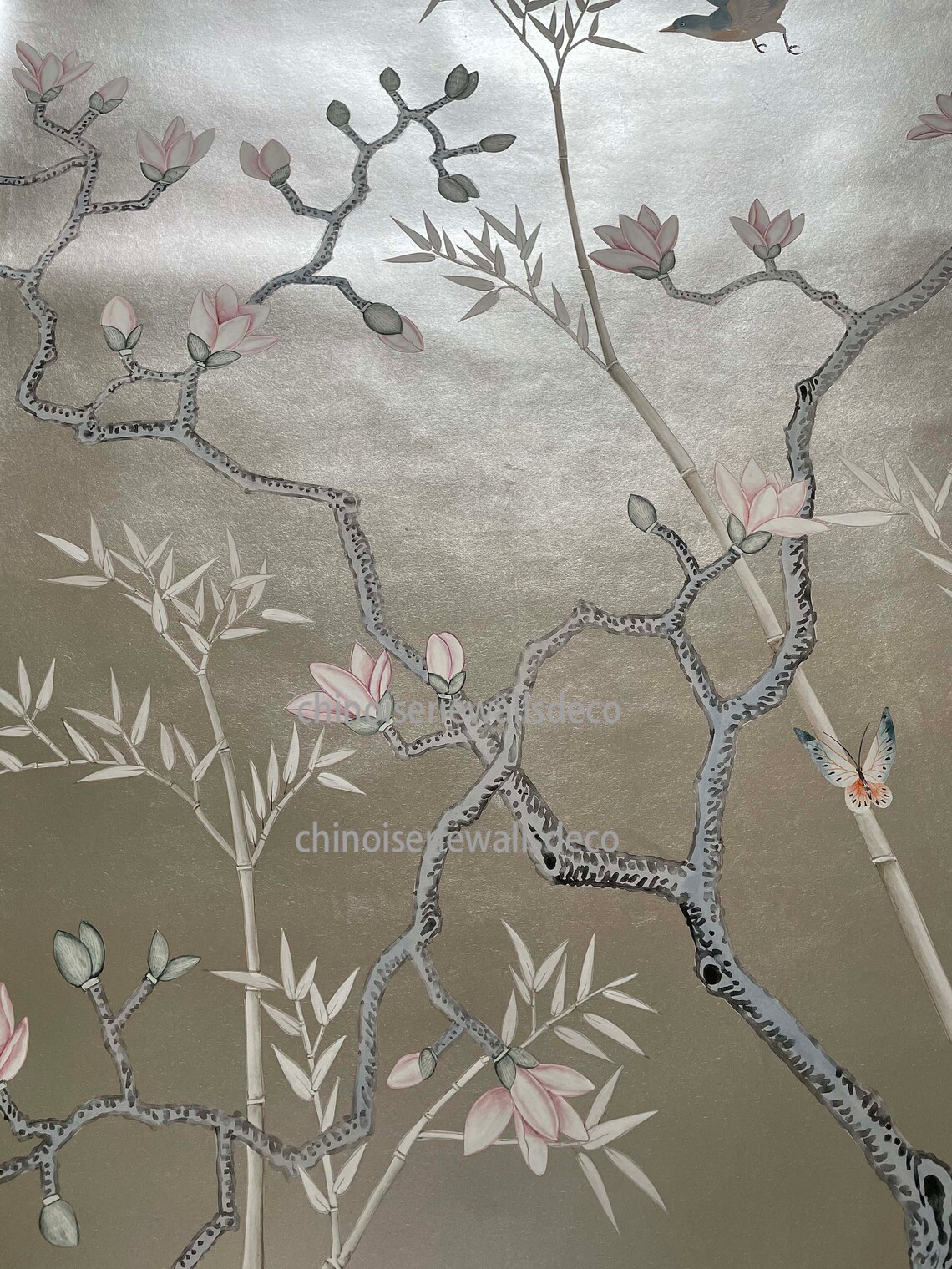 Chinoiserie Handpainted Wallpaper On Silver Metallic hand | Etsy
