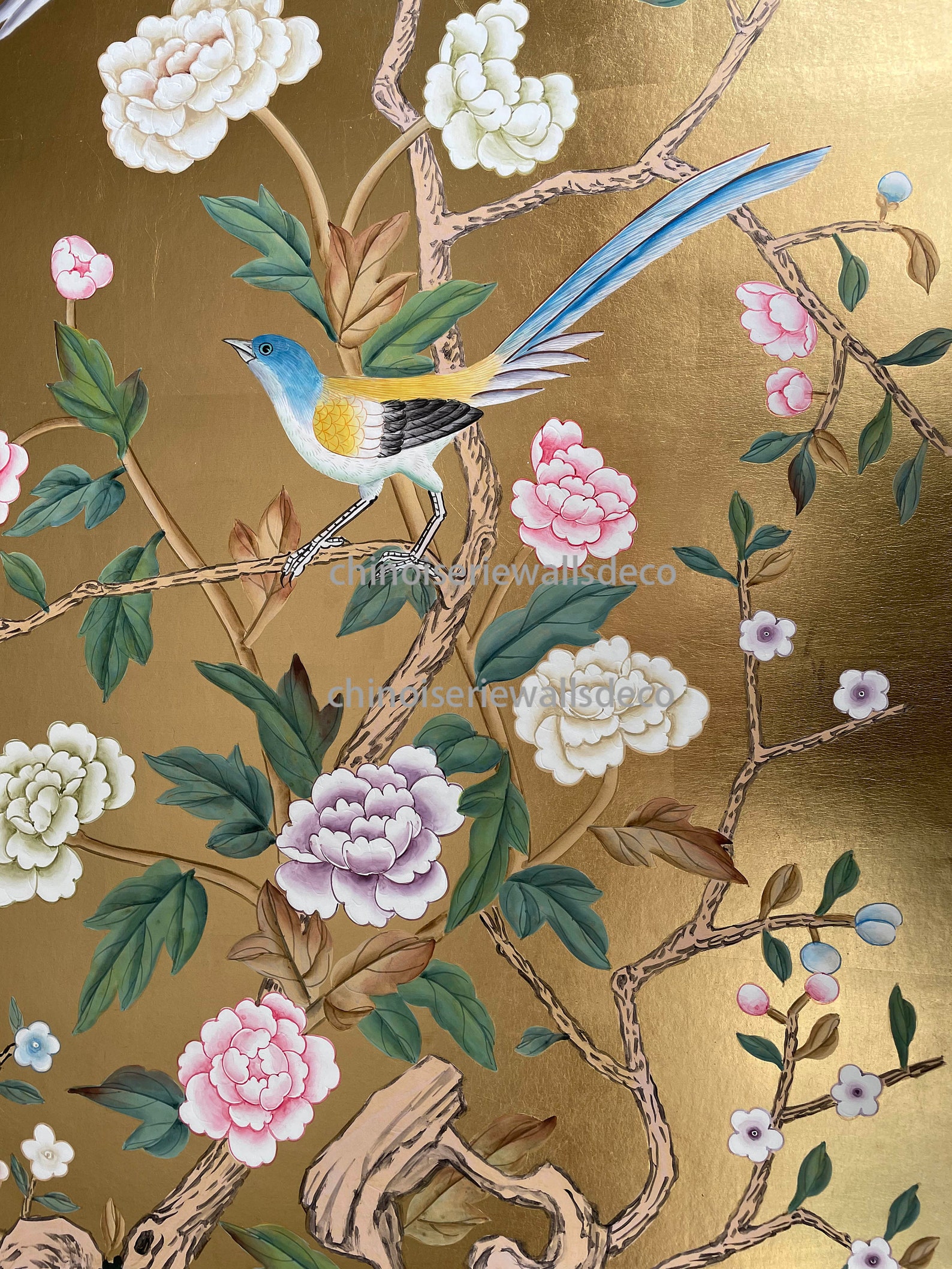 Gold wallpaper Chinoiserie Handpainted Wallpaper On Gold Etsy
