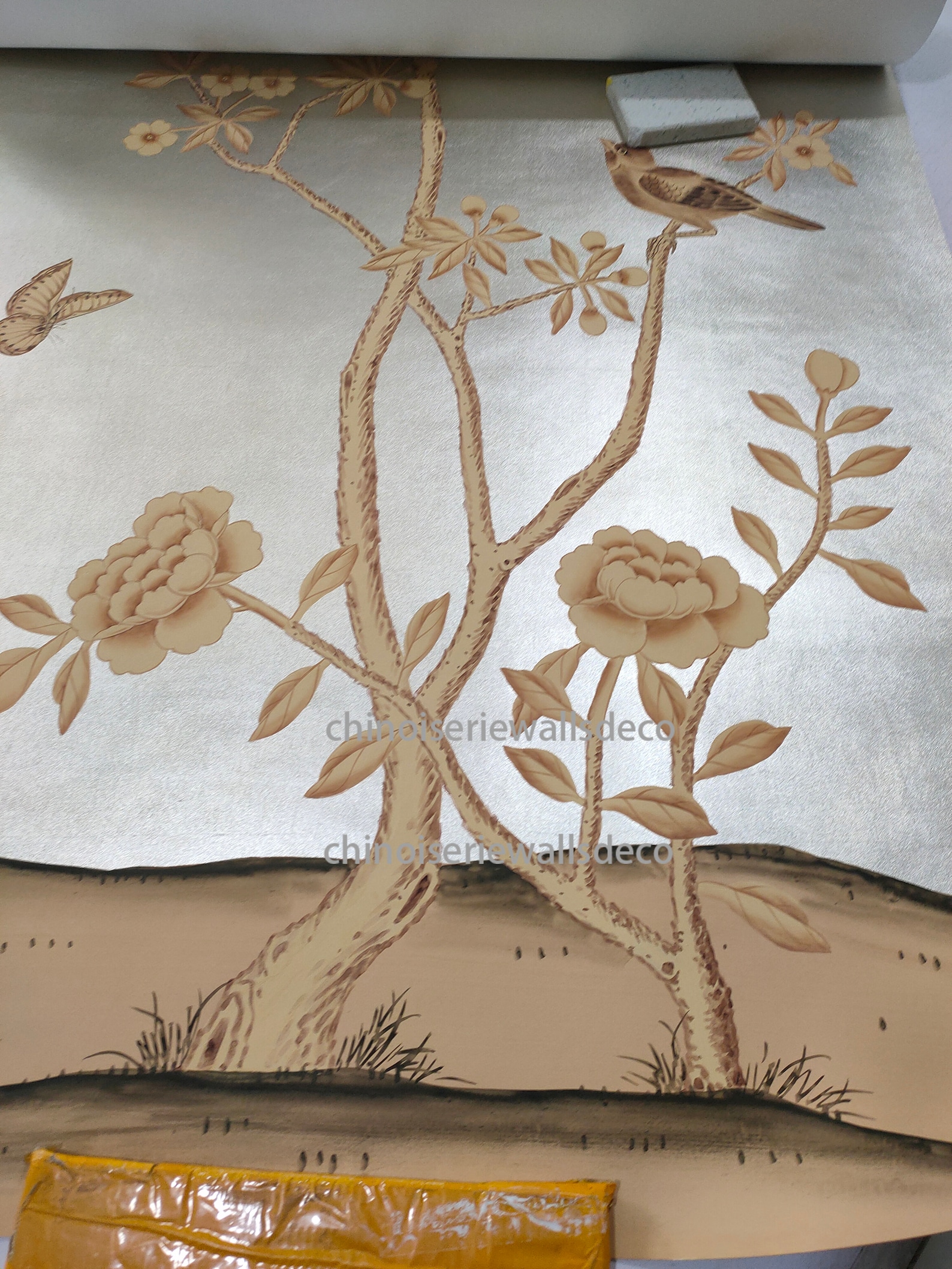 Chinoiserie Handpainted Wallpaper On Silver Metallic Etsy
