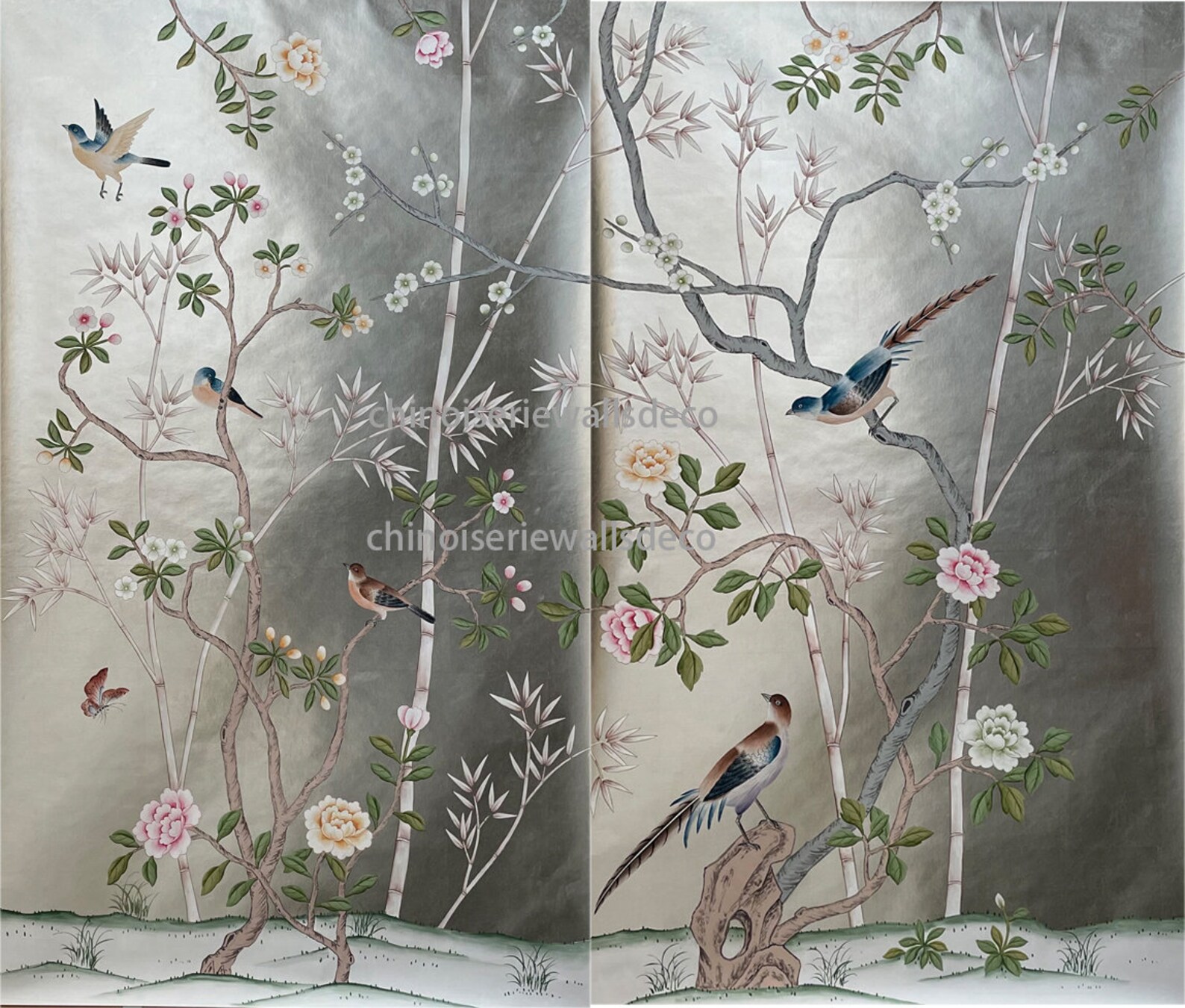 Floral Chinoiserie metallic Wallpaper handpainted wallpaper | Etsy
