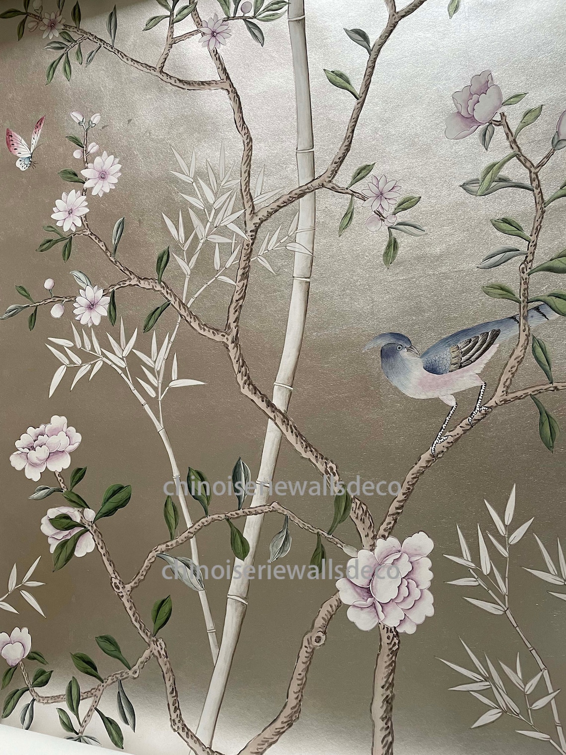Chinoiserie Handpainted Wallpaper On Silver Metallic hand | Etsy