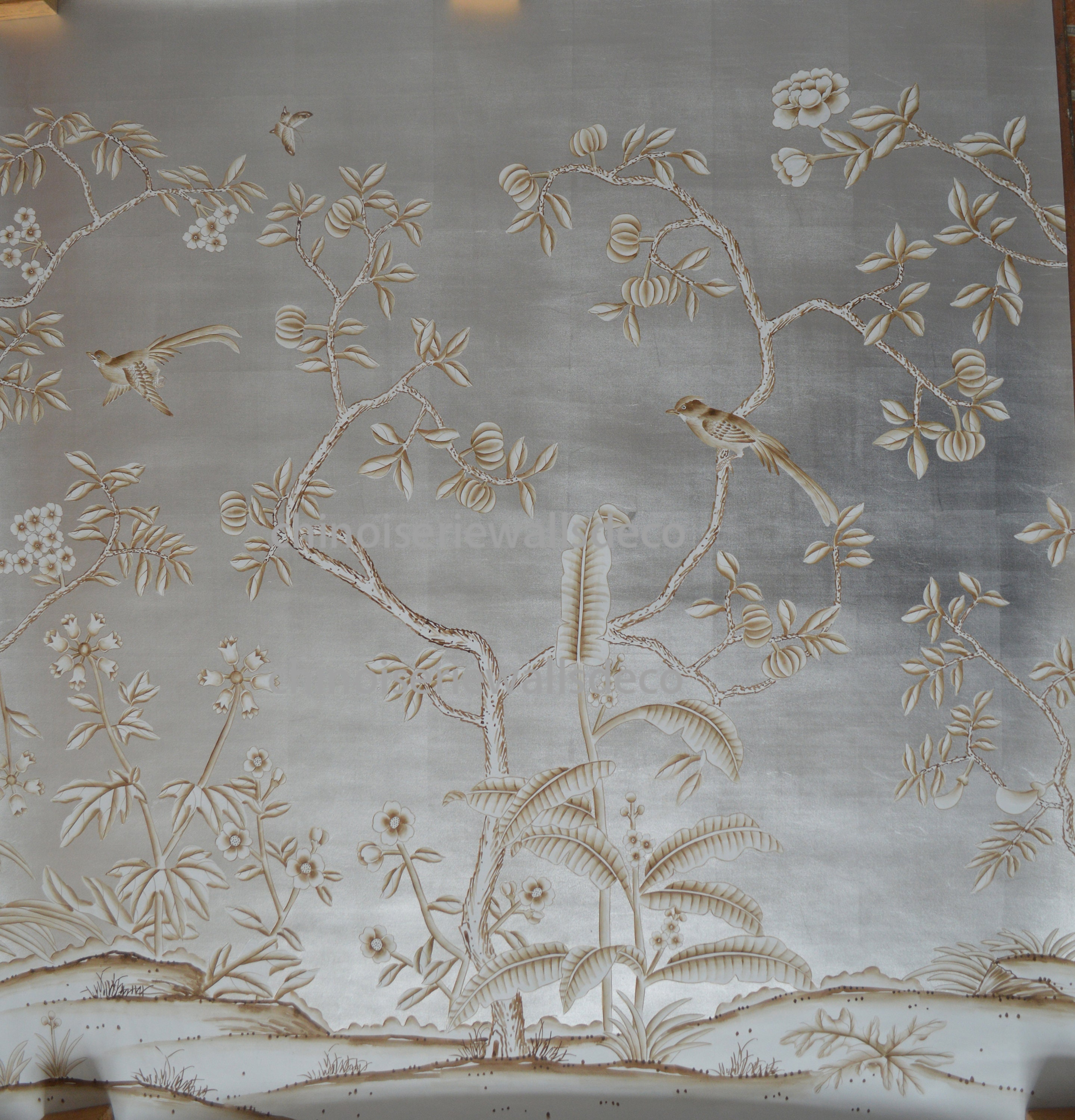 Floral Chinoiserie Handpainted Wallpaper On Silver Metallic | Etsy