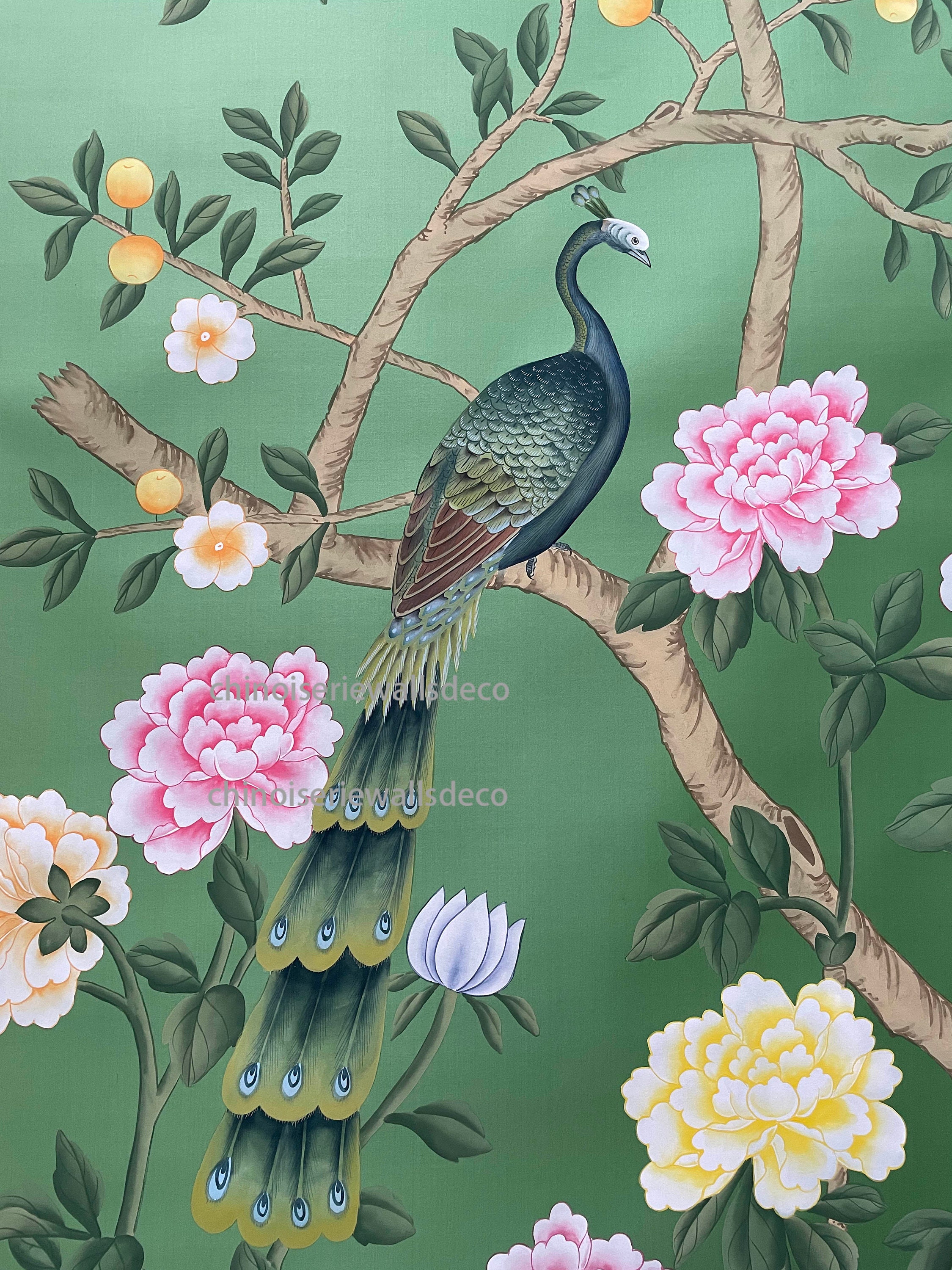 Peacock Chinoiserie panels hand paintd wallpaper on green Etsy