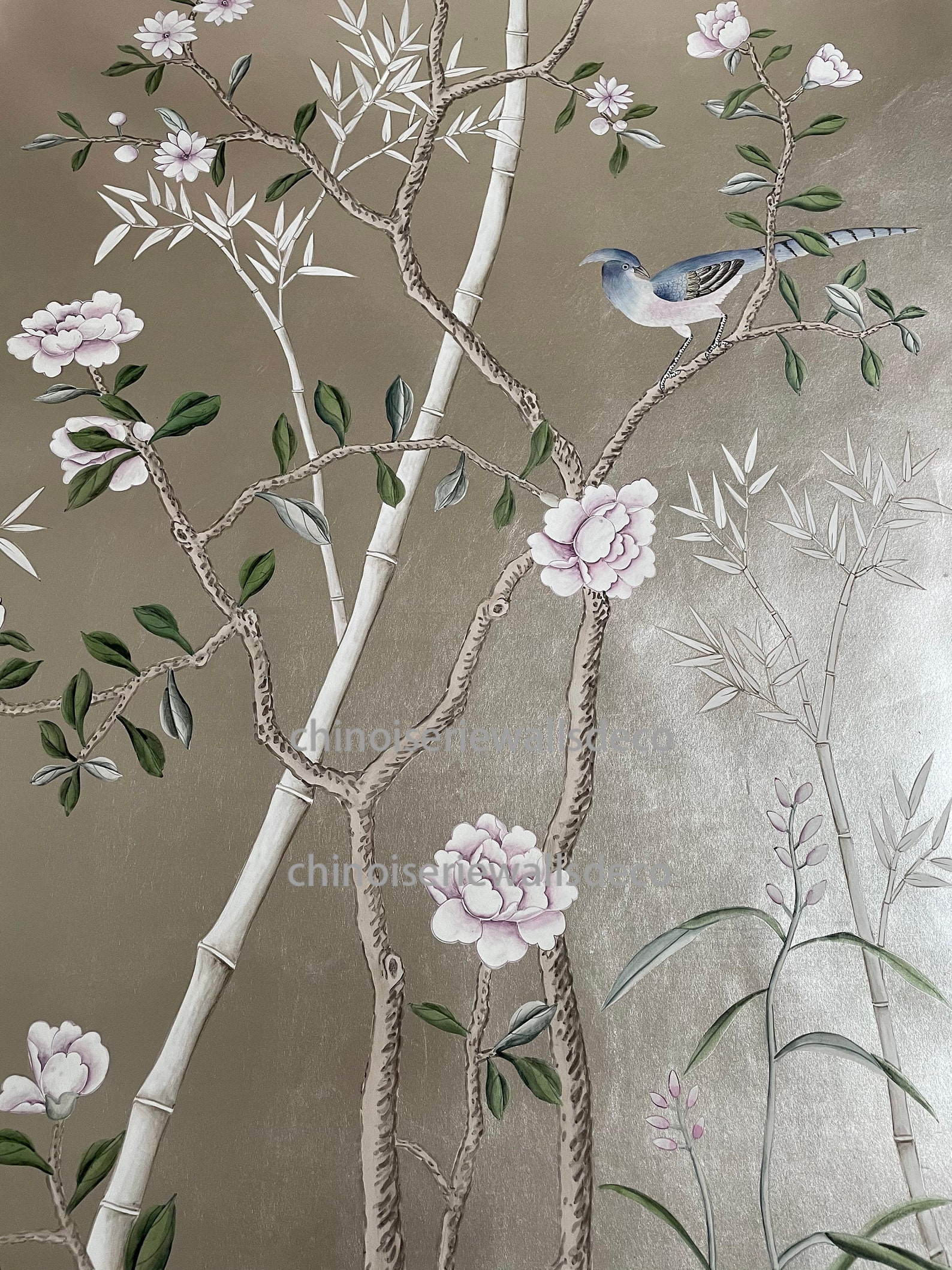 Chinoiserie wallpaper Handpainted Wallpaper On Silver | Etsy