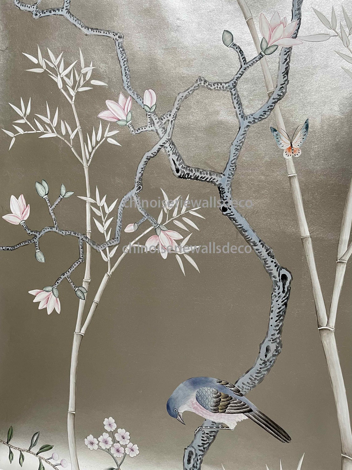 Chinoiserie Handpainted Wallpaper On Silver Metallic hand Etsy