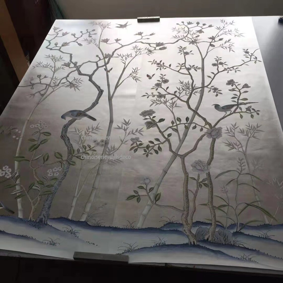 Chinoiserie Handpainted Wallpaper On Silver Metallic hand Etsy