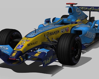 Può includere: Un'auto da corsa di Formula 1 blu e gialla con pneumatici neri. L'auto presenta loghi degli sponsor e il nome Renault. L'auto è su sfondo bianco.