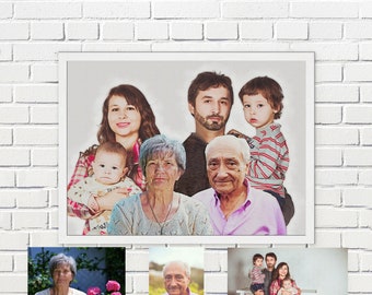 Combine Photos,Family Watercolor Portrait From Multiple Photos,Add Deceased Loved one to Photo,Gift for Dad and Mom,Gift for Grandparents