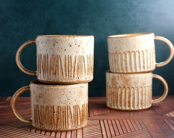 Handmade Carved Stoneware Mug - Short speckled mug with vanilla glaze