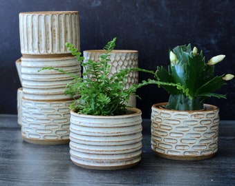 Carved ceramic planters - Handmade planters or small pots with toasted coconut glaze and carved texture