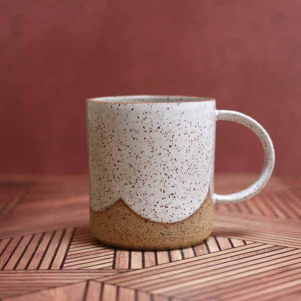 White Cloud Mug - Handmade ceramic mug in speckled clay with hand painted scallops design