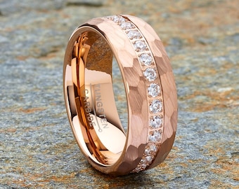 Mens Tungsten Rose Gold Wedding Band Hammered CZ Comfort Fit Ring