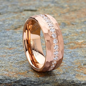 Mens Tungsten Rose Gold Wedding Band Hammered CZ Comfort Fit Ring