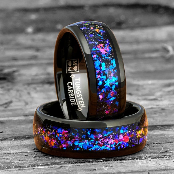 Orion Nebula Men’s black dome tungsten wedding band anniversary ring, purple and blue space cloud dust, inlay comfort fit 8mm, men’s bands