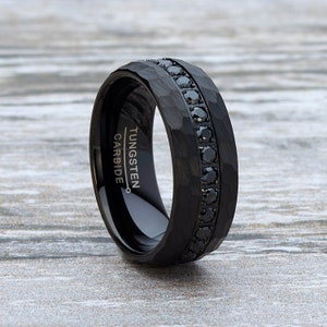 Mens Black Tungsten Wedding Band Hammered Eternity black Cubic Zirconia Comfort Fit Ring