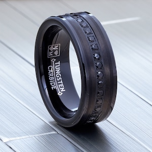Men’s Black Tungsten Carbide Wedding Band Eternity Ring, Black Round Cut Cubic Zirconia Inlay, Prong Setting, 8mm Comfort fit Men’s Ring