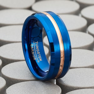 Blue and Rose Gold Men’s Tungsten Carbide Wedding Band, Men’s Tungsten Ring, 8mm Comfort fit Band, Grooved Center, Rose Gold Inlay