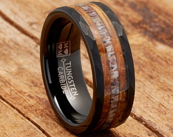 Men’s Black Tungsten Carbide Wedding Band, Whiskey Barrel Oak Wood Deer Antler Inlay, Comfort Fit 8mm