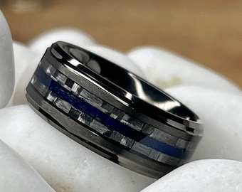 Men’s Gunmetal Tungsten Carbide Wedding Band Gray Carbon Fiber and Sapphire Blue Wood Inlay Comfort Fit 8mm