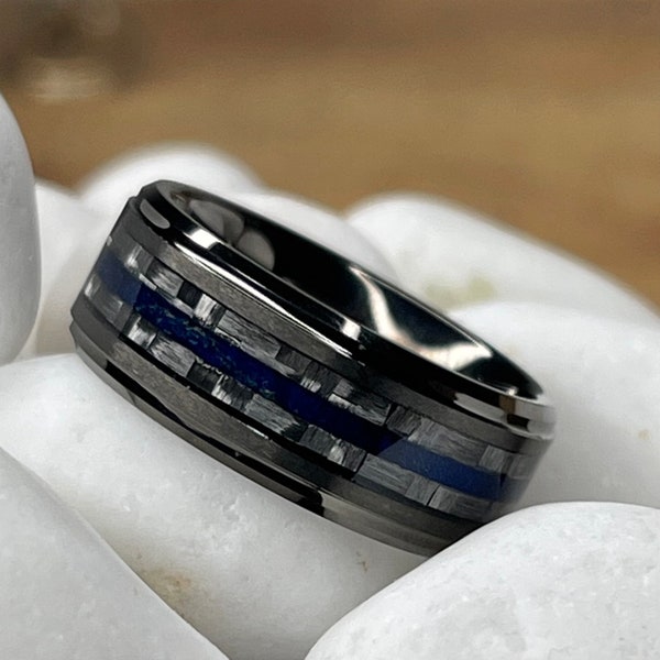 Men’s Gunmetal Tungsten Carbide Wedding Band Gray Carbon Fiber and Sapphire Blue Wood Inlay Comfort Fit 8mm