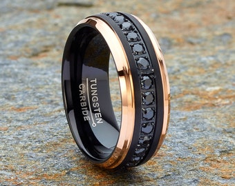 Mens Tungsten Two Toned Wedding Band Black and Rose Gold CZ Comfort Fit Eternity Ring