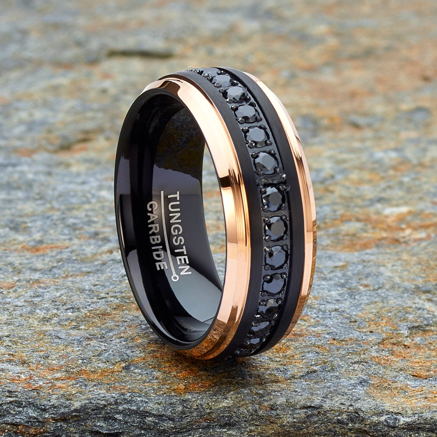 Mens Tungsten Two Toned Wedding Band Black and Rose Gold CZ Comfort Fit Eternity Ring