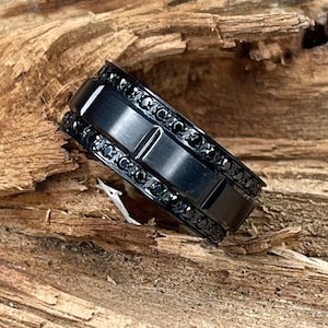 Mens wedding bands, Black Titanium ring, titanium engagement ring with round-cut black cubic zirconia CZ, brushed grooved rings, 9mm