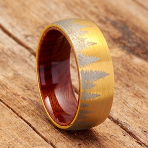 Mens Womens Pine Tree Tungsten Carbide Ring Whiskey Barrel Oakwood Wedding Band Gold plated 8MM comfort fit band