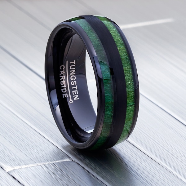 Men’s Exotic Green Wood Inlay Ring, Black Dome Wedding Band, Comfort Fit Rings, Anniversary Rings, Engagement Rings 8mm band Wood Inlay band