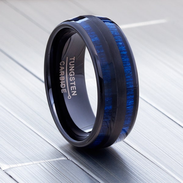 Men’s Wedding Band, Exotic Blue Wood Inlay Ring, Dome Wedding Band, 8mm Black Anniversary ring engagement rings, Women’s Ring, comfort fit