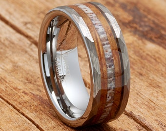 Men’s Tungsten Carbide Wedding Band, Whiskey Barrel Oak Wood Deer Antler Inlay, Comfort Fit 8mm