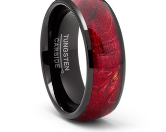 Men’s Black Dome Tungsten Ring Wedding Band Real Red Burl Wood Inlay 8MM Comfort-Fit