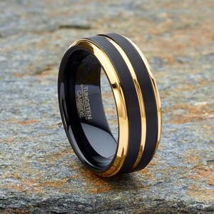 Men’s 14k Gold And Black Plated Tungsten Carbide Wedding Band, Grooved Center Engagement Ring 8mm