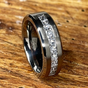 Modern Titanium Ring, Titanium Wedding Bands, Princess Cut Cubic Zirconia CZ, Mens Silver Engagement Ring, Comfort Fit Bands 8mm