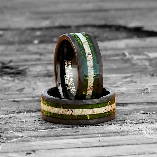 Men’s Black Hammered Tungsten Carbide Wedding Band, Green Mossy Wood and deer Antler Inlay 8mm