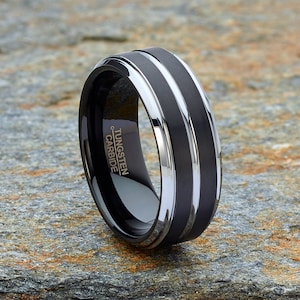 Men’s Black Tungsten Carbide Wedding Band, Grooved Center Engagement Rings 8mm