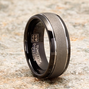 Men’s Tungsten Carbide Dome Wedding Band Two Tone Black Sandblasted Ring Comfort Fit 8mm