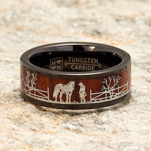 Mens Black Tungsten Horse Rancher Wood Inlay Wedding Band