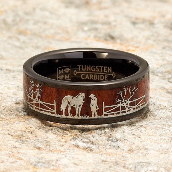 Mens Black Tungsten Horse Rancher Wood Inlay Wedding Band