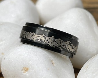 Black stainless steel fidget spinner ring, laser etched, mountain pattern design, outdoor rings, black, men’s wedding band comfort fit