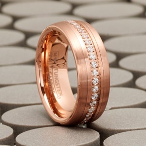 Men’s Women’s Tungsten Carbide Wedding Band, Rose Gold Plated Eternity Ring, Round Cubic Zirconia Inlay 8mm