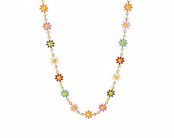 Collar impermeable con diseño de margaritas de colores, fabricado en acero inoxidable 316L.