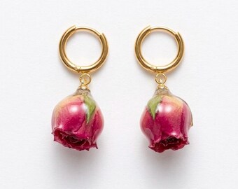 Pendientes de flores de rosa auténtica hechos de acero inoxidable y rosa