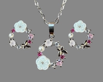 Pendientes de flor de cerezo hechos a mano con flores de primavera, pendientes de botón, collar, conjunto de joyas de plata