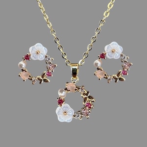 Pendientes de flores de cerezo primaverales hechos a mano, pendientes de botón, collar, conjunto de joyas, oro y plata