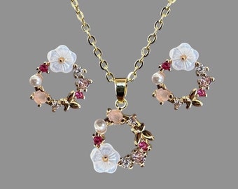 Pendientes de flores de cerezo primaverales hechos a mano, pendientes de botón, collar, conjunto de joyas, oro y plata