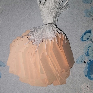 May include: A bundle of peach-colored tags with a scalloped edge, tied together with white string. The tags are arranged in a fan shape, with the string forming a tassel at the top. The background is a light blue surface.