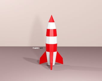 May include: A red and white striped rocket with a pointed nose and fins. The rocket is standing on a light brown surface.